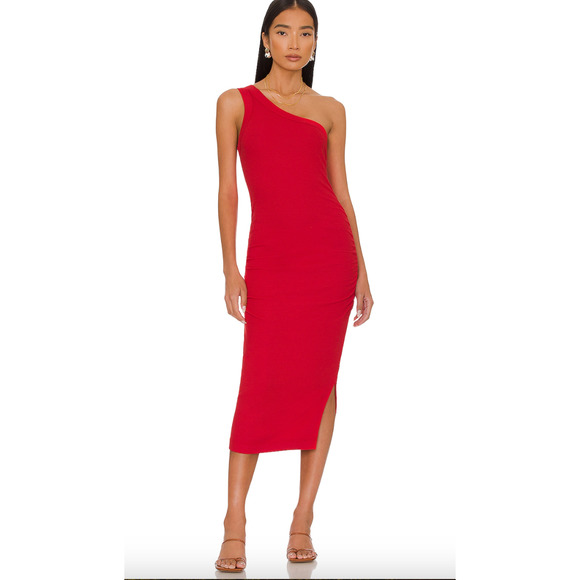 MICHAEL STARS NWT Coco One Shoulder Ribbed Midi Dress in Salsa Red // XL - Picture 1 of 11
